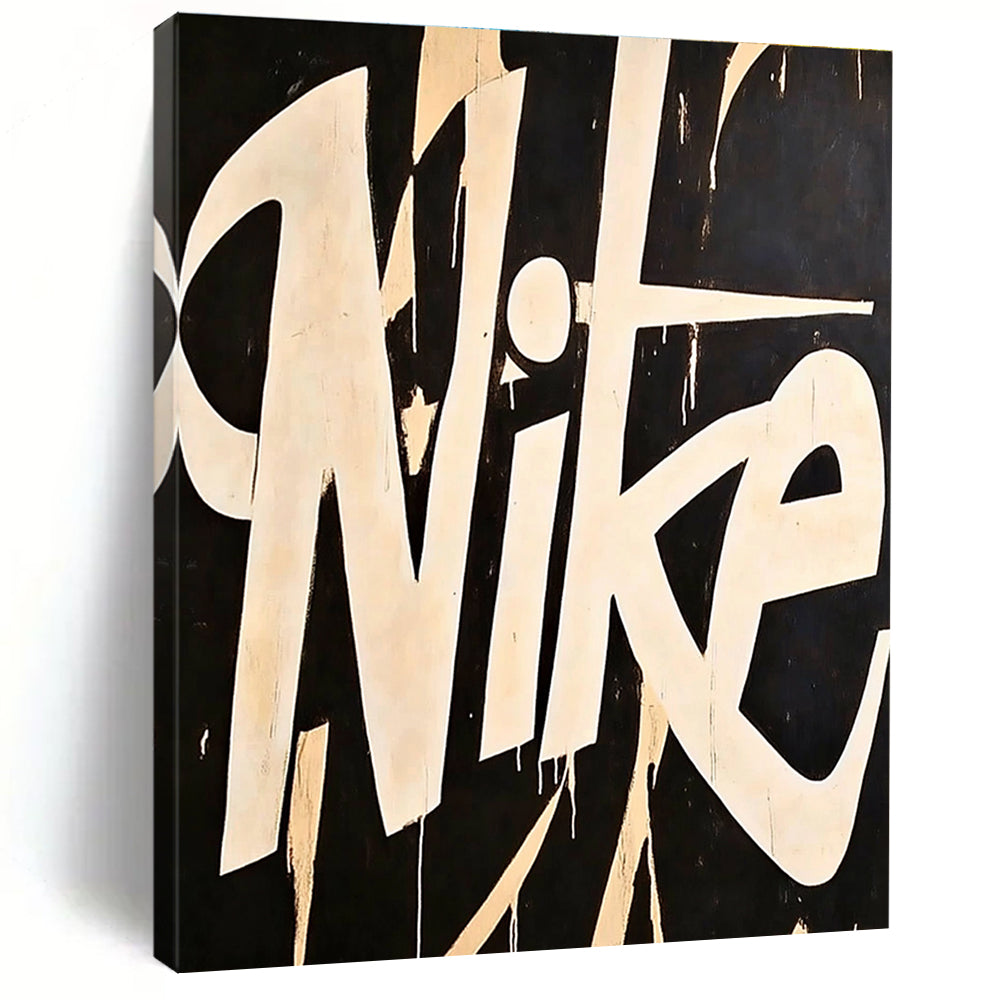 A large abstract painting featuring the word Nike in white on a black background inspired by Matisse and Sciotti with minimalist design.STSC1139