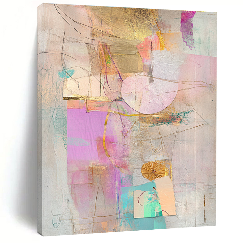 Gold Pink and Teal Pastel Abstract Collage Art GER199