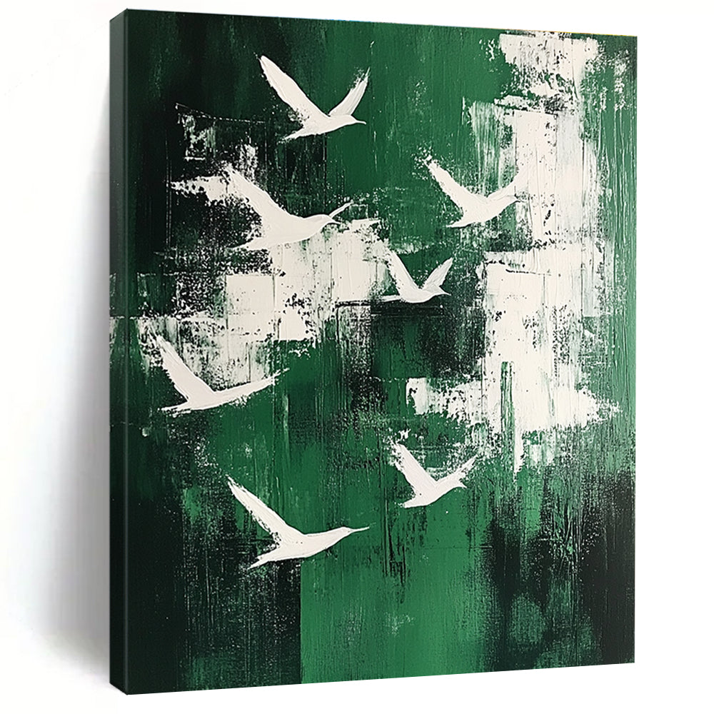 Large abstract painting featuring white birds soaring above an emerald green landscape in a minimalistic style.STSC363