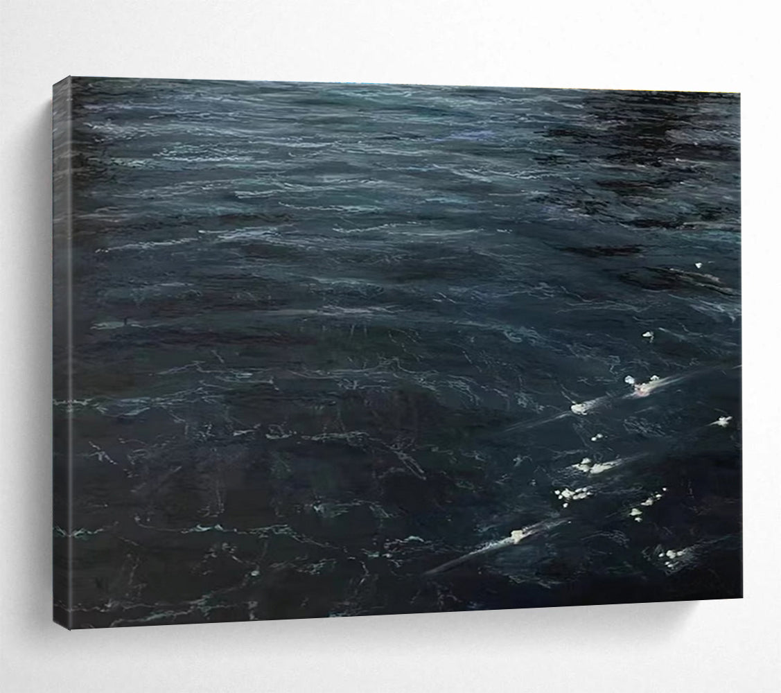 Dark Ocean Waves Abstract Painting with Deep Blue Tones THY265