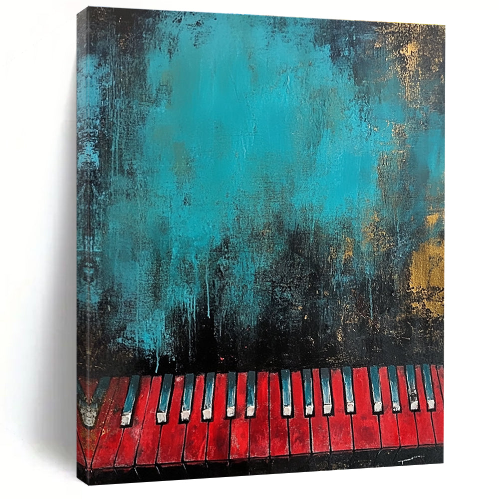Large abstract painting in teal and black featuring textured red piano keys at the bottom for a striking visual impact.STSC230