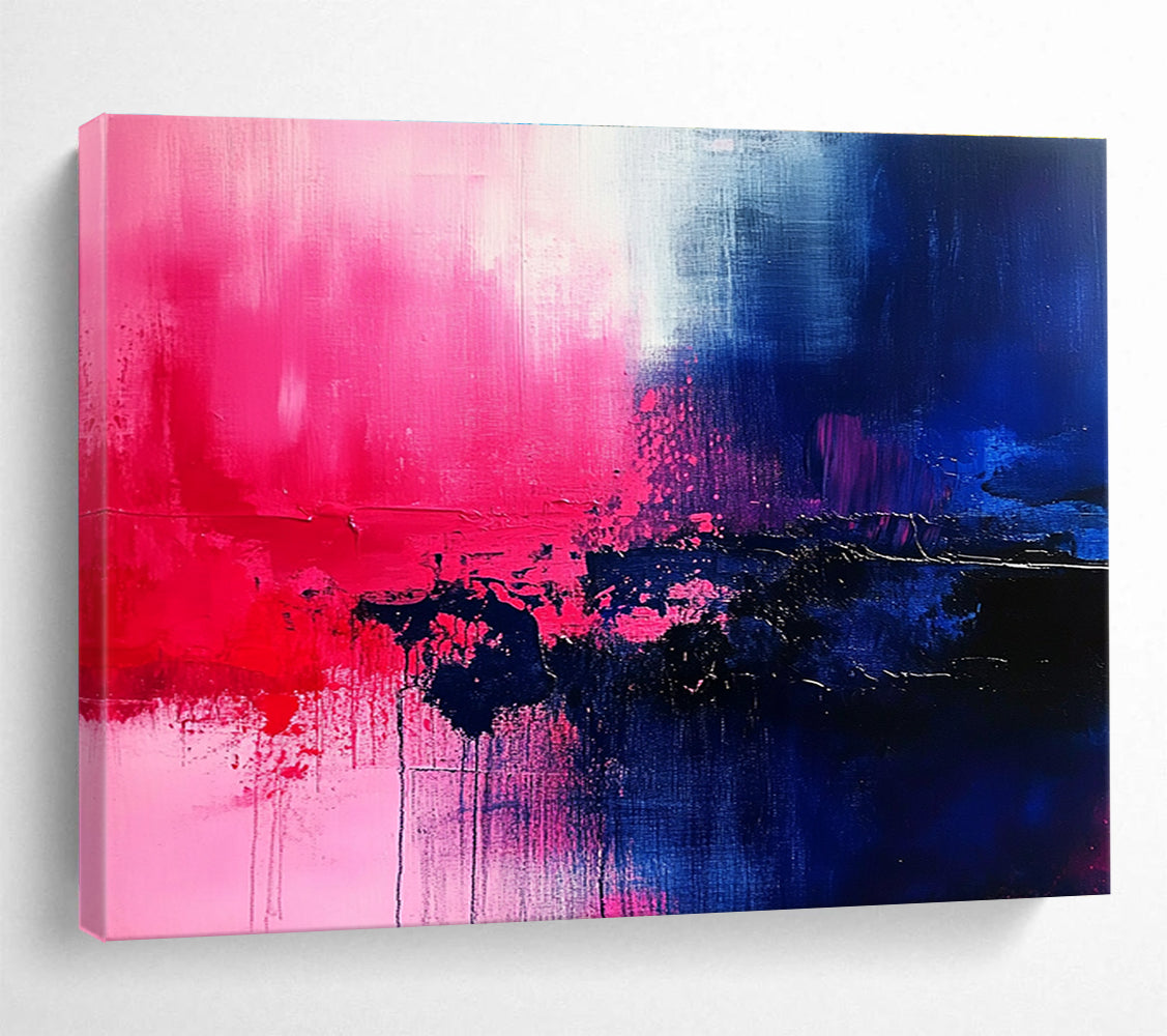 Large abstract painting featuring vibrant shades of blue pink red purple and black, ideal for contemporary decor.SC026