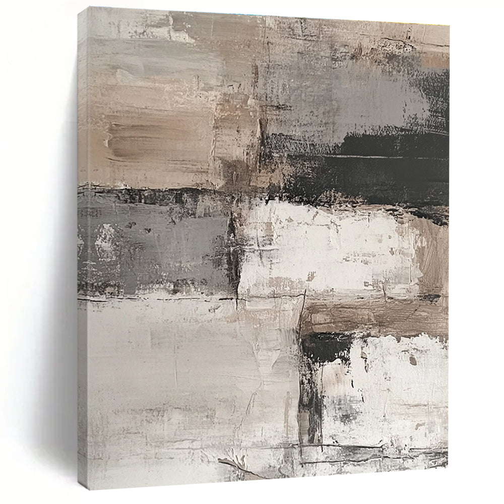 Abstract painting featuring an aged white brick wall with peeling paint, set against a muted background of grey, beige, and brown tones.STSC269