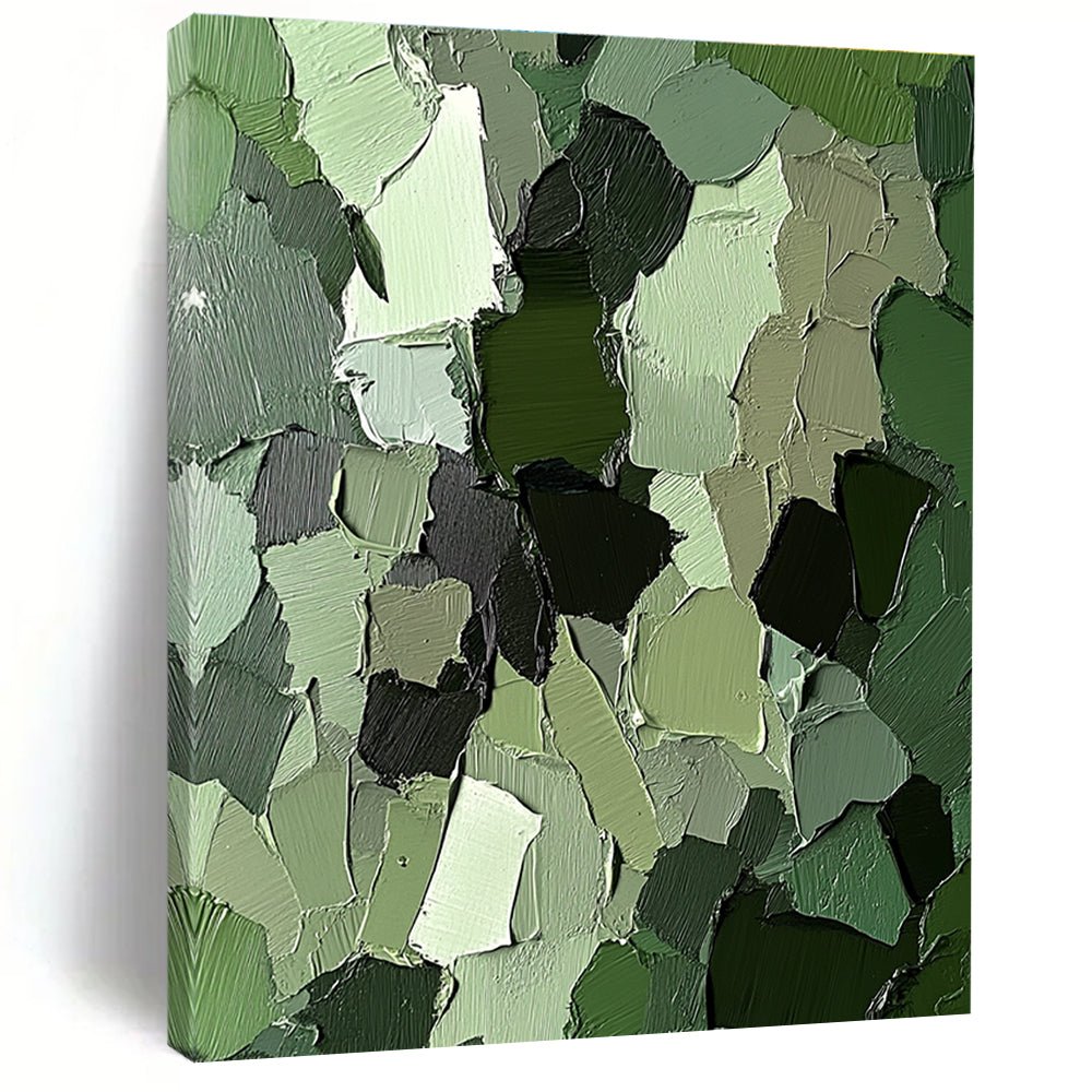 Green Patchwork Abstract Painting with Layered Shapes GER107
