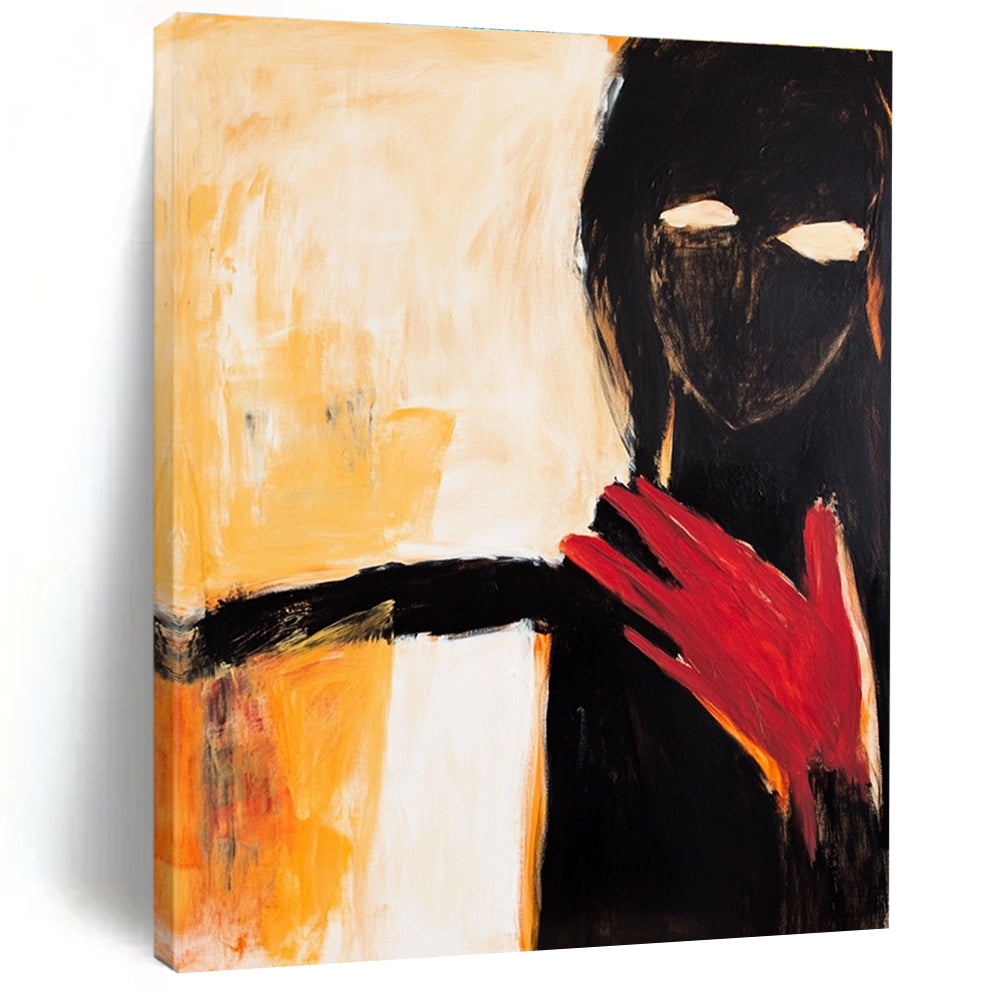 Large abstract painting of an elegant woman in black and white with a striking red hand and warm shades of yellow and orange.STSC640