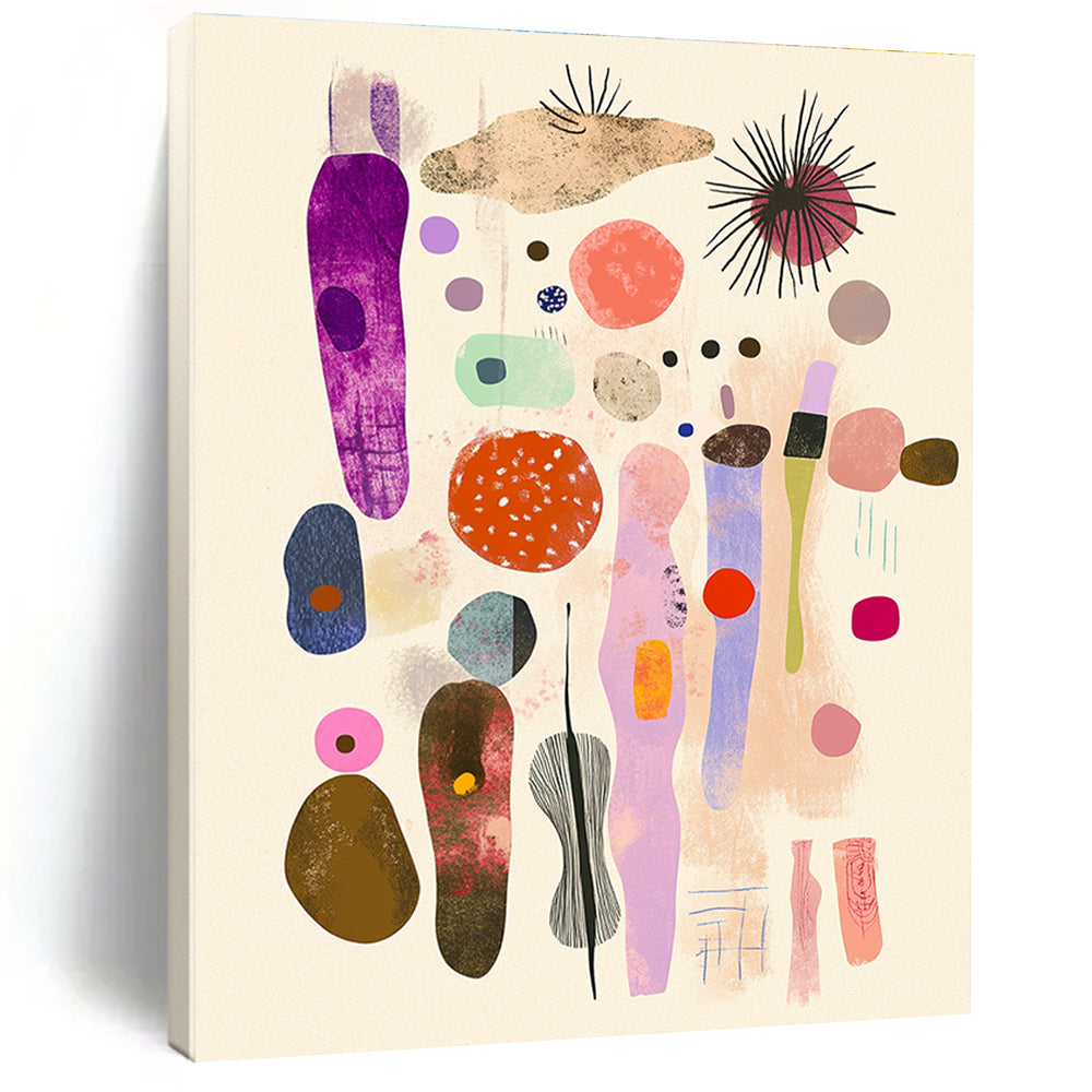 Large abstract collage featuring pastel fabrics ribbons and organic shapes designed for mid-century modern interiors. Whimsical yet sophisticated aesthetic.STSC1049