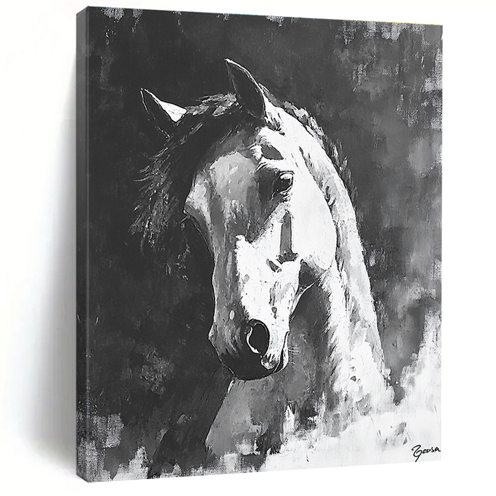 Large abstract painting of a horse in black and white featuring bold brush strokes and dramatic shadows on a textured canvas.STSC290