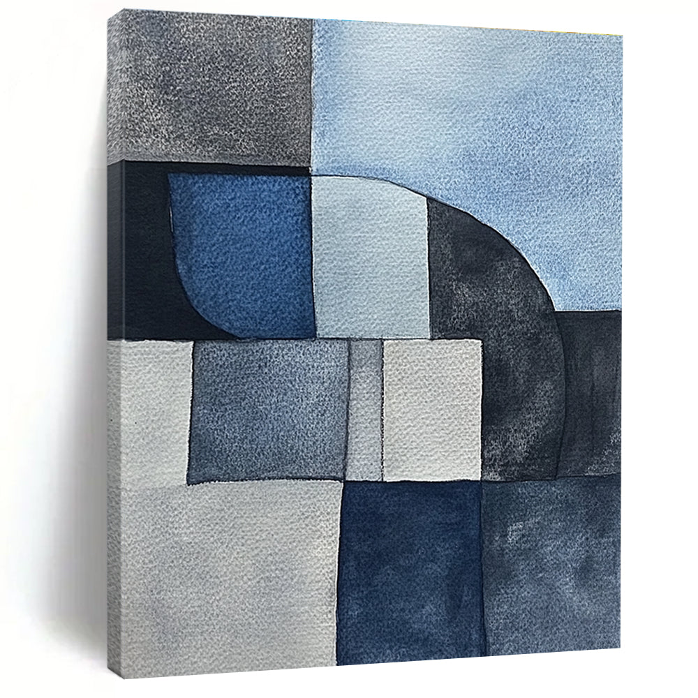 Large abstract painting features minimalistic gray-blue watercolor cubist shapes depicting sandstone rocks in a serene desert landscape.STSC240