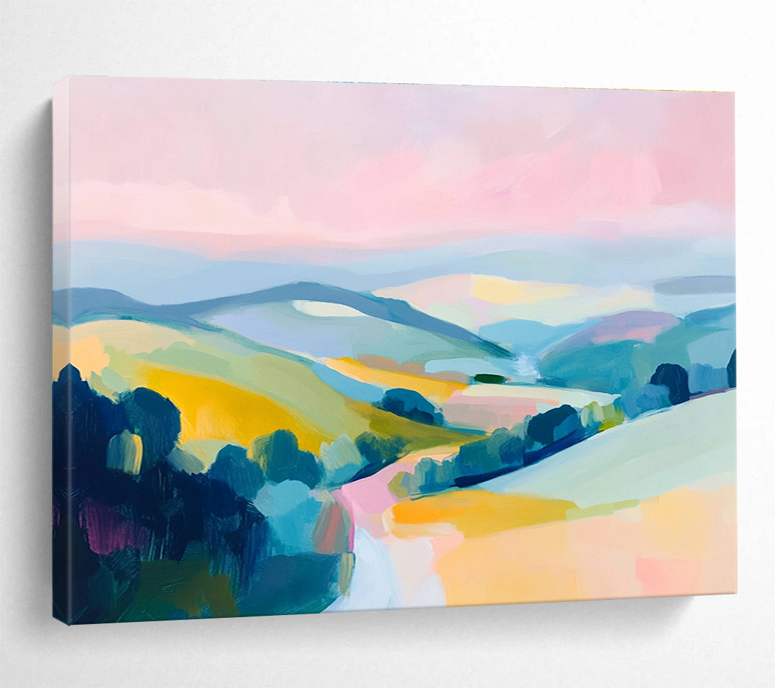 Colorful Abstract Hills Painting with Pink Blue and Yellow DYP288