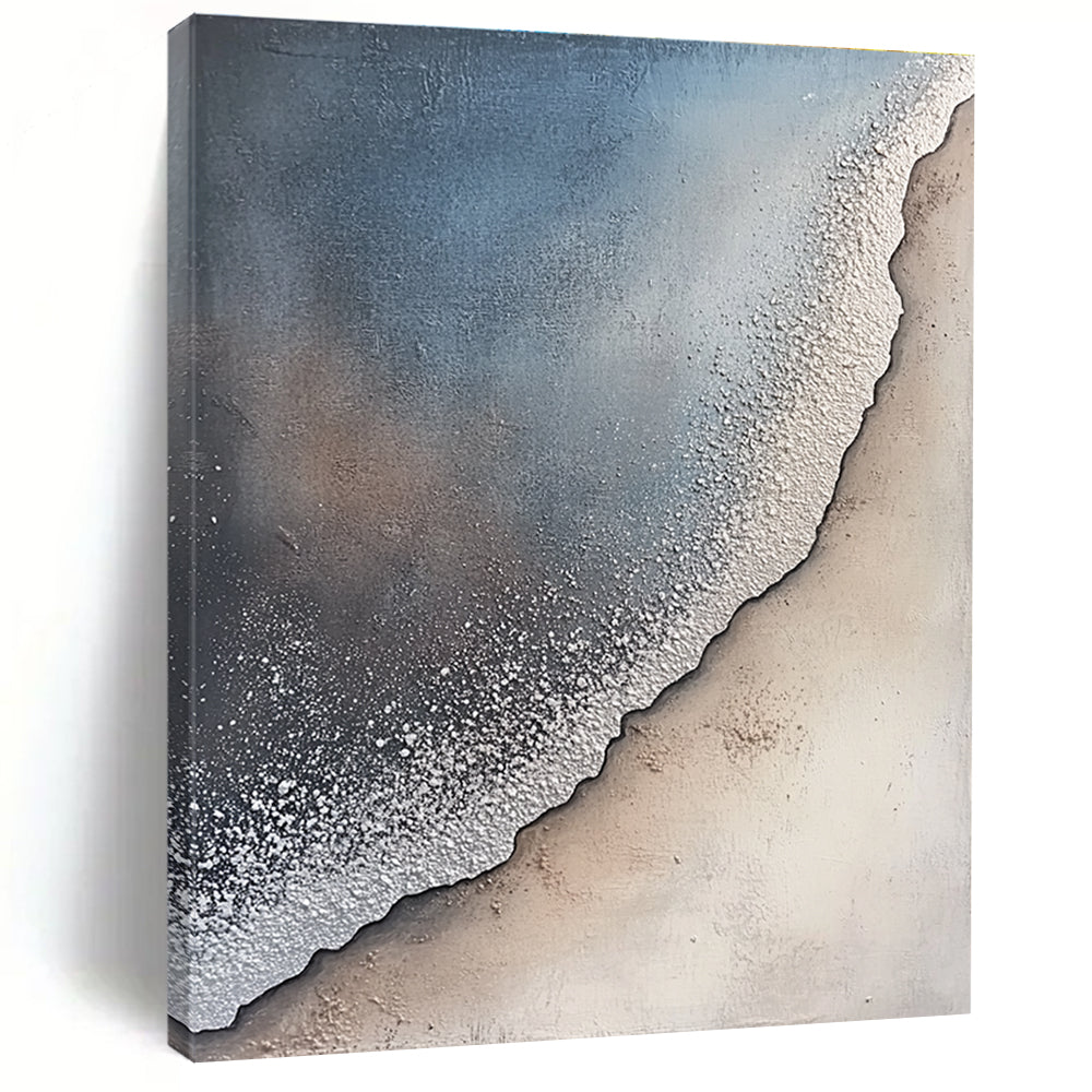Large abstract painting of a sandy shore with gray and white textures silver dust fog creating a serene atmosphere with nature blending harmoniously.STSC256