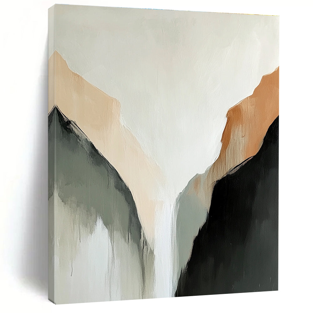 Large abstract painting of a tranquil mountain range in muted beige and black tones against a serene white background.STSC652