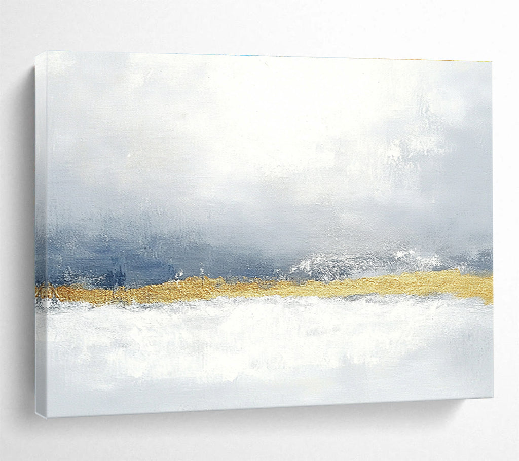Large abstract painting in muted gray and blue with gold accents soft texture and calming minimalist style perfect for any space.SC066