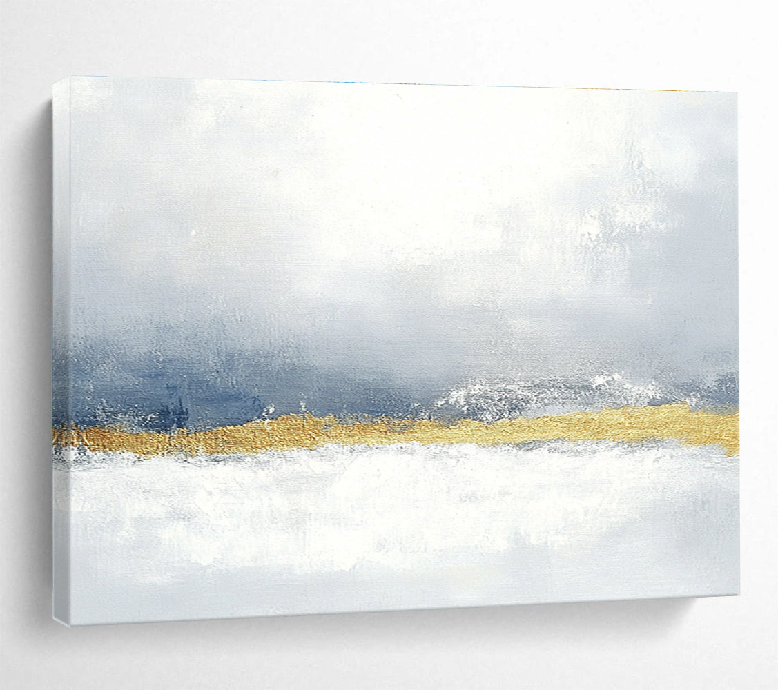 Large abstract painting in muted gray and blue with gold accents soft texture and calming minimalist style perfect for any space.SC066