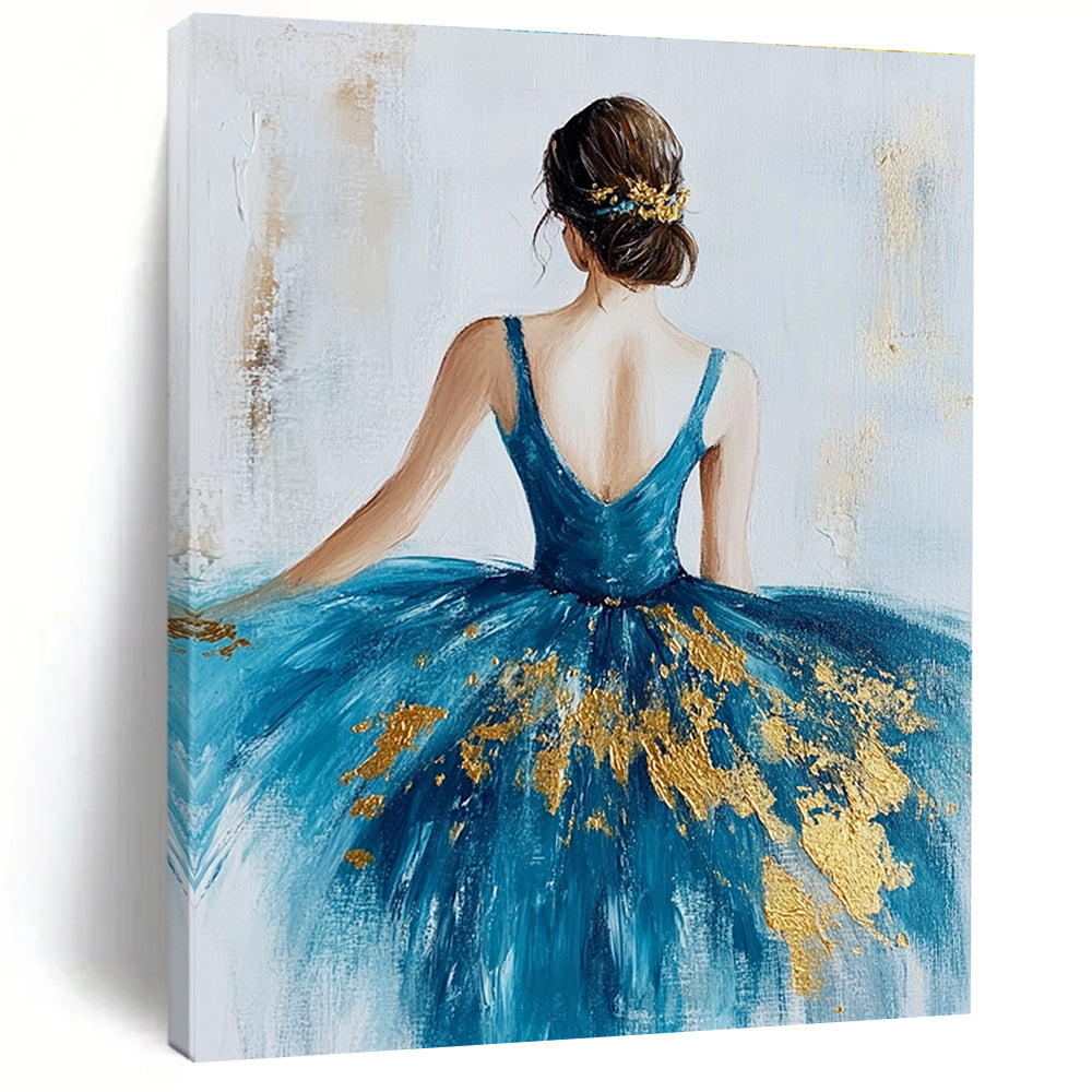 Large abstract painting of a ballerina in a blue dress with gold leaf on a textured white canvas background.STSC155