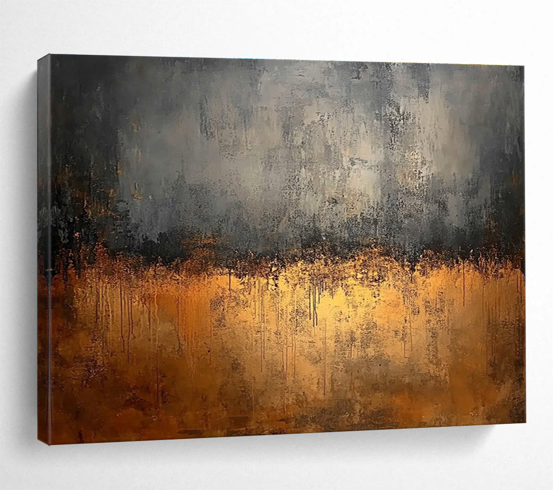 Large abstract painting featuring gray and brown tones with a dark background and golden metal surface highlighting rusty steel elements.SC146