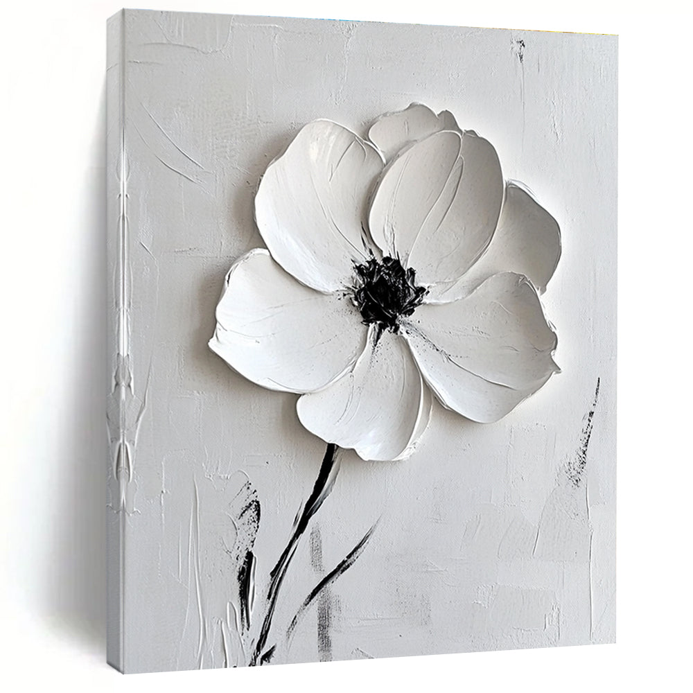 Large abstract white flower painting on canvas with textured brush strokes and elegant minimalist style in white and grey tones.STSC515