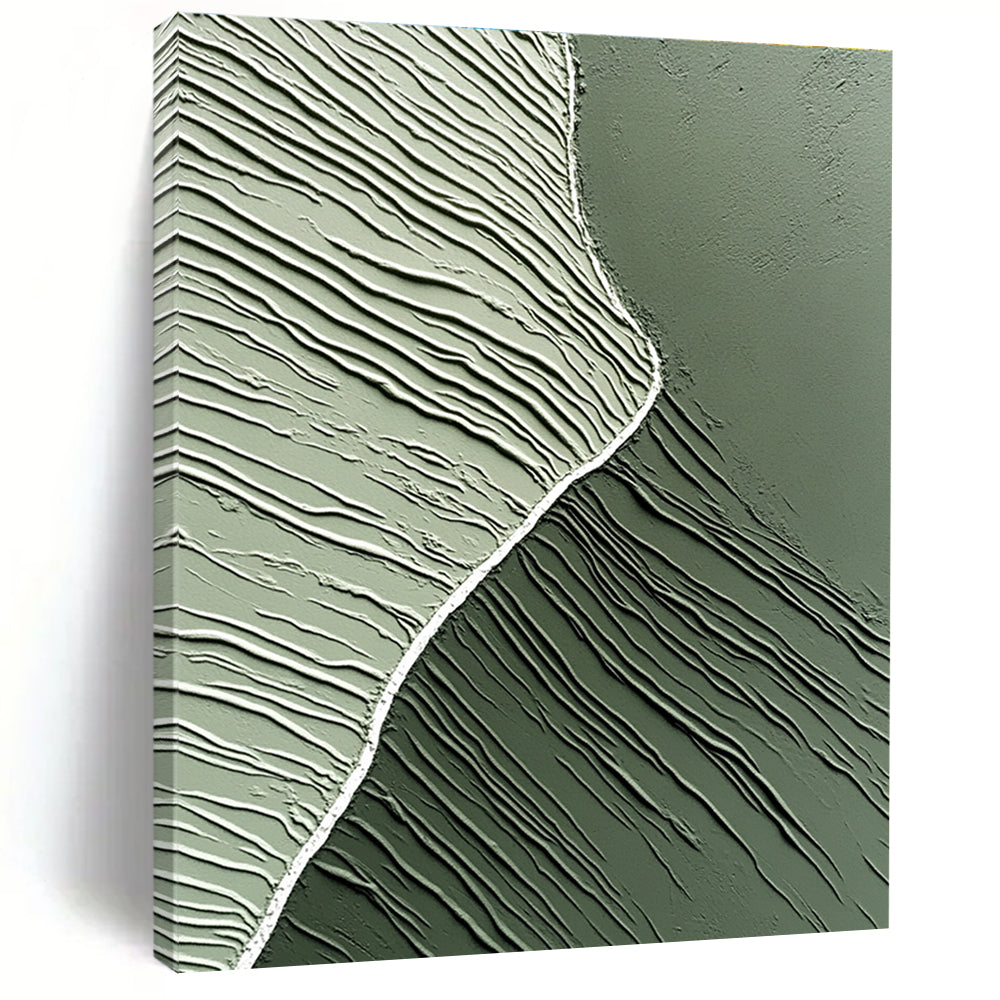 Large abstract artwork featuring smooth gray-green clay textures and a white central line, embodying minimalism and modern aesthetics against a dark background.STSC962