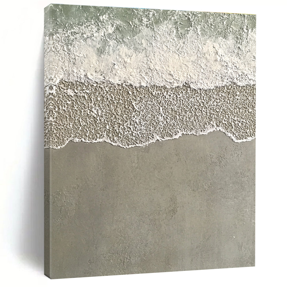 Large abstract painting depicting serene water and sand with textured wave patterns in light green and grayish-white tones.STSC1136