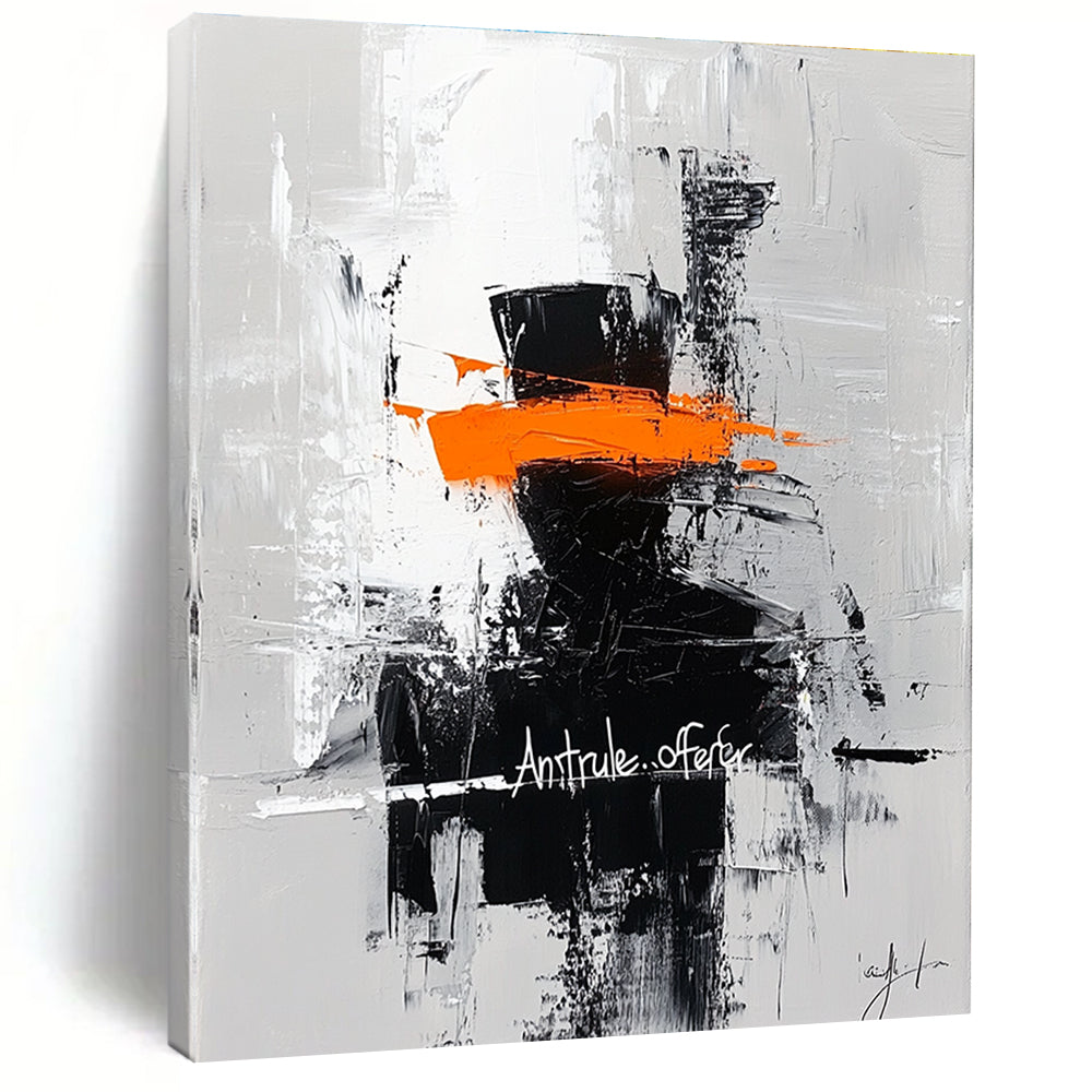 Bold abstract painting featuring a silhouette in an orange top hat with Ant rule.offer graffiti on a contrasting gray brushstroke background.STSC227
