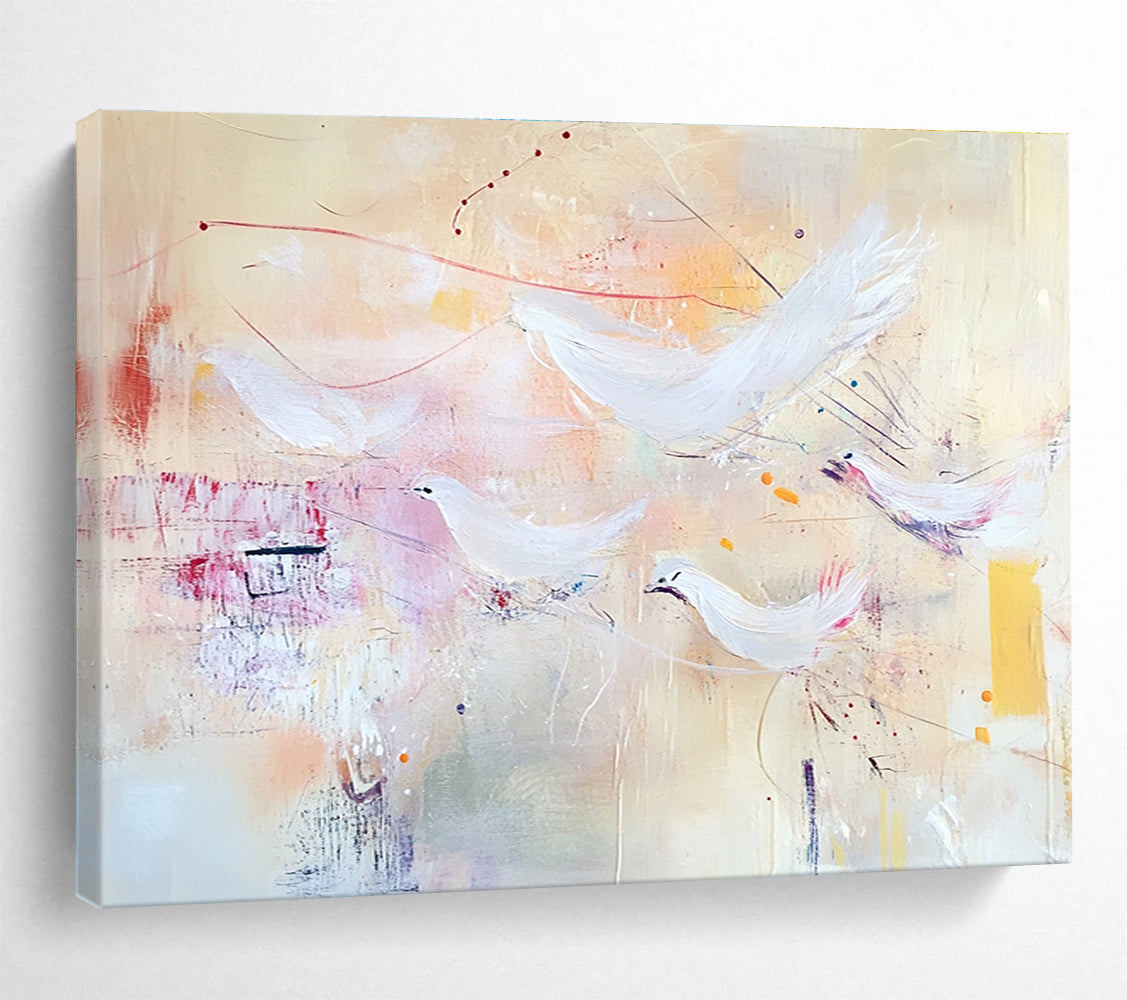 Large abstract painting with soft pastels featuring flying birds and textured layers evoking freedom and movement against a warm beige background.SC385