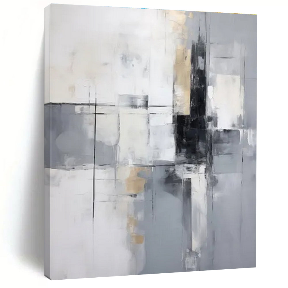 Gray and Gold Geometric Abstract Painting with Black Accents ADGE138