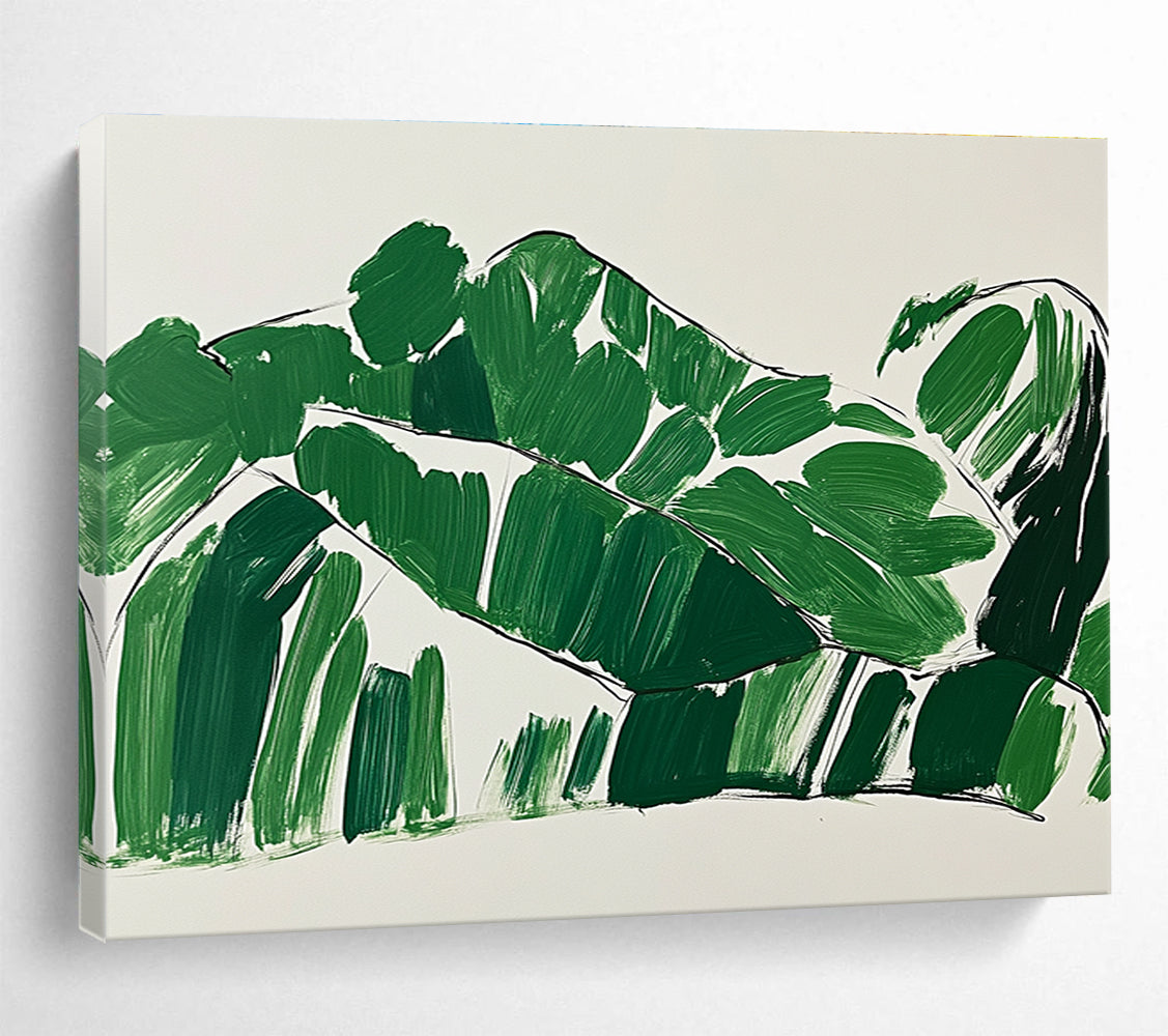 A large abstract painting featuring green leaves in the shape of a woman lounging on a couch with minimalist brush strokes on a white background.SC551