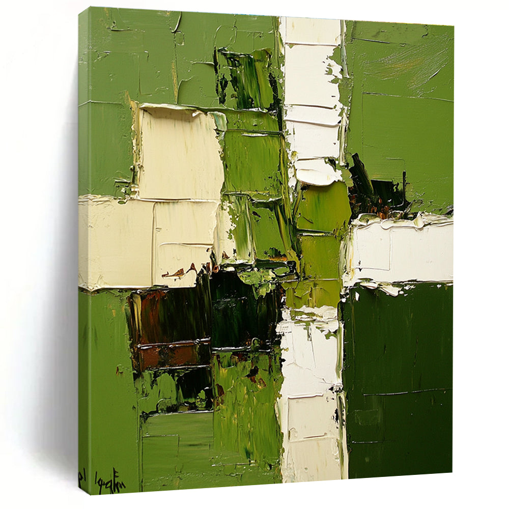 Green and White Abstract Painting with Patchwork Design GER478