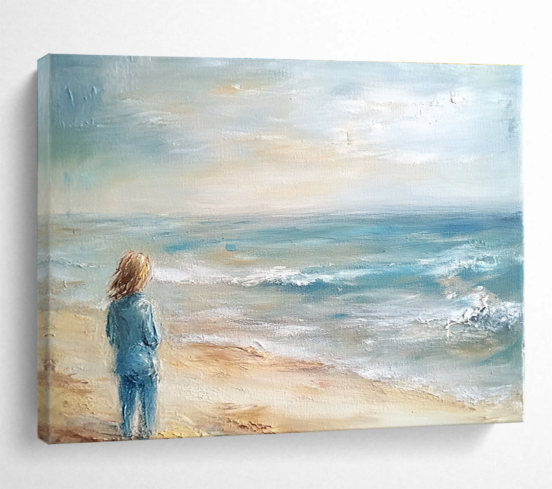 An abstract painting of the ocean and beach in light blue tones and muted colors creates a serene and beautiful atmosphere.SC411