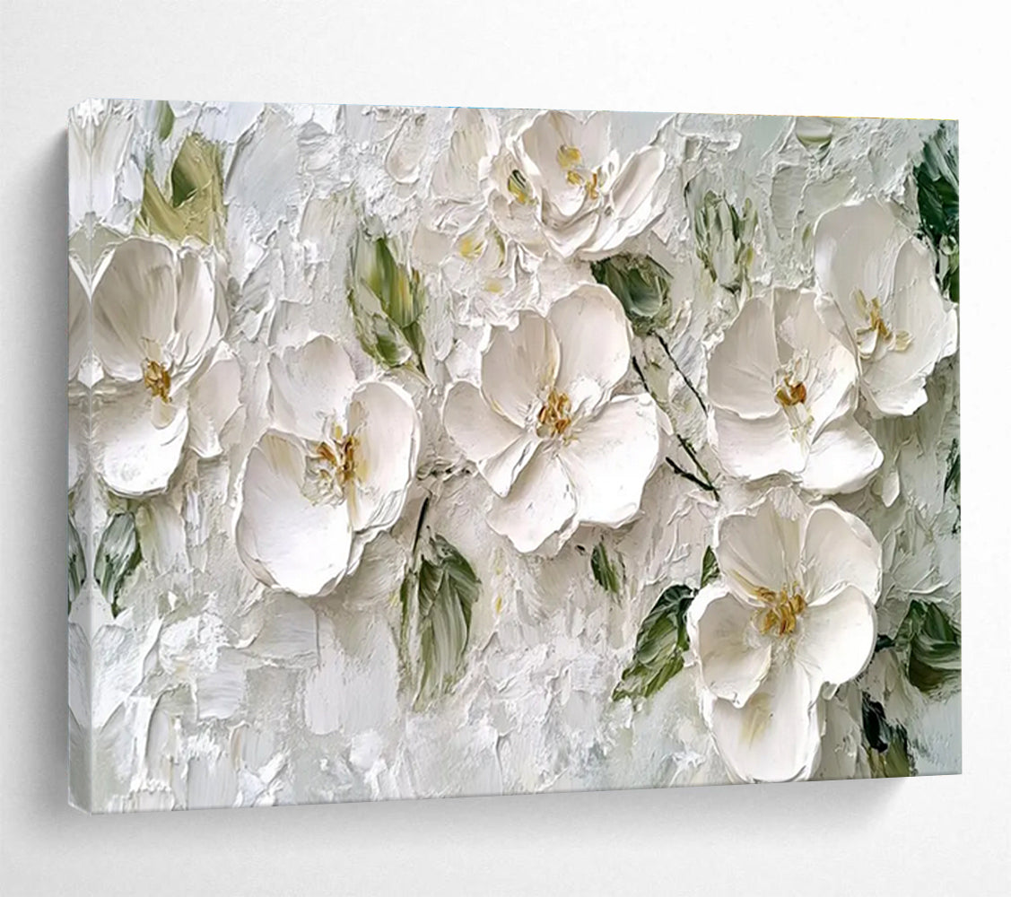 White Floral Texture Abstract Painting with Subtle Green Accents THY304
