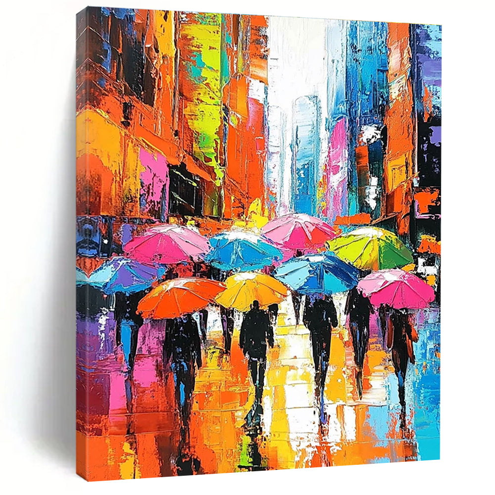 Large abstract painting depicting vibrant city streets with people under colorful umbrellas and skyscrapers emphasizing expressive faces and dynamic brushstrokes.STSC849