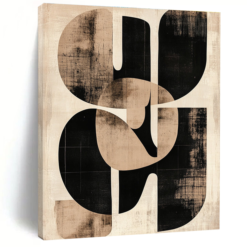 Large abstract artwork featuring beige and black shapes inspired by Paul Klee with sepia tones printed on aged paper showcasing the initials SG.STSC469