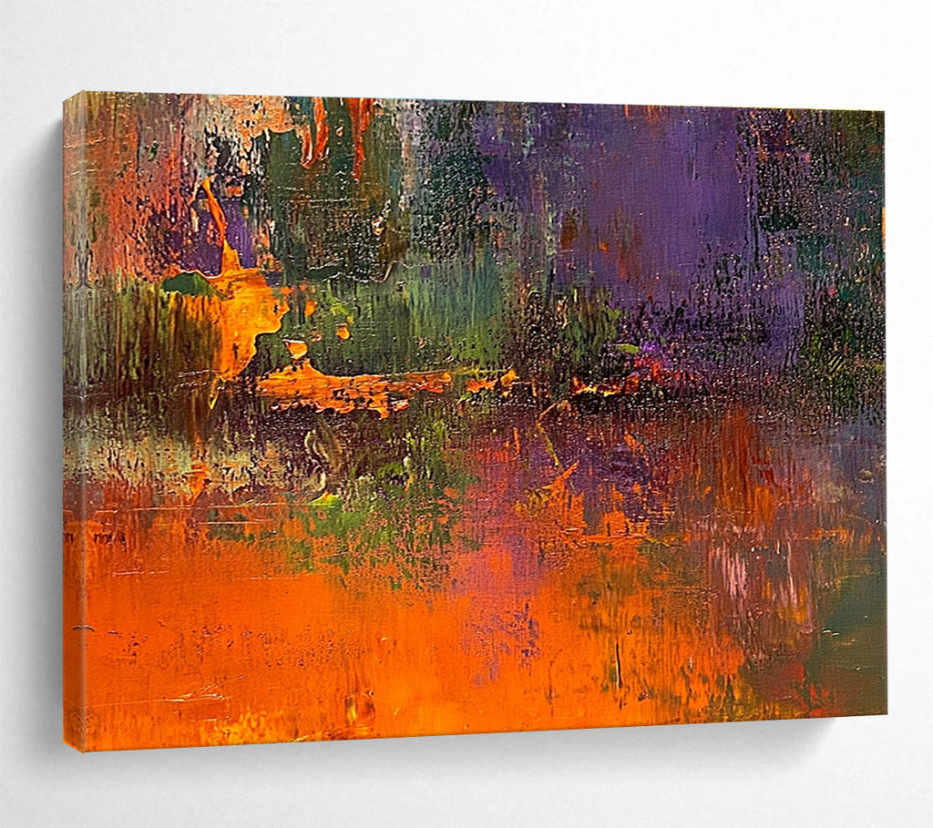 Large abstract painting of the great swamp featuring dark green and orange tones with rich textures and blurred background highlighting vibrant details.SC358