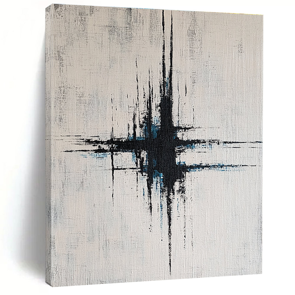 Large abstract painting with vibrant blue and gray lines on a white background featuring vertical brushstrokes and dynamic light effects.STSC439