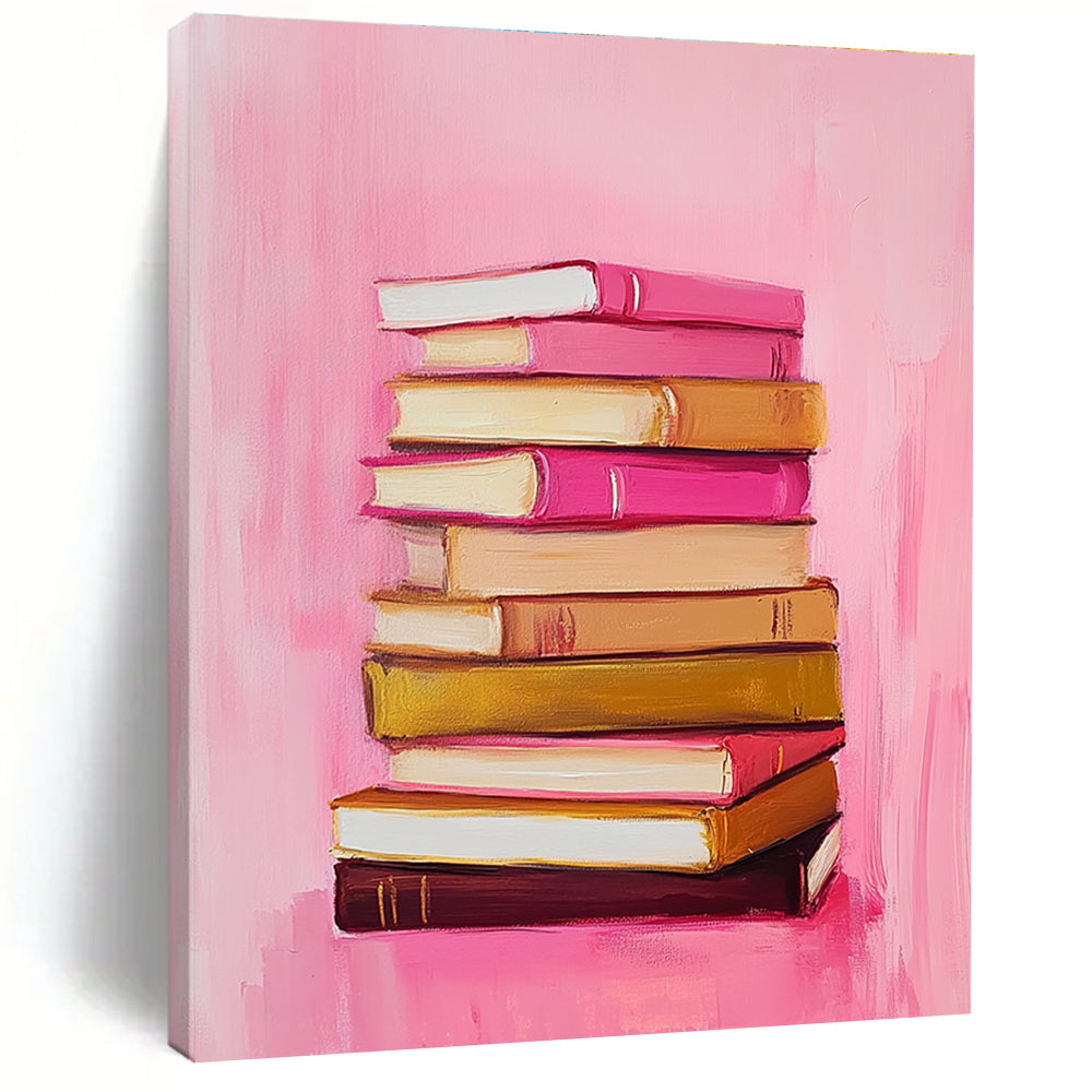 Abstract painting featuring a stack of books on a pink and gold background inspired by Marjolein Bastiaanse minimalist style oil on canvas.STSC1209
