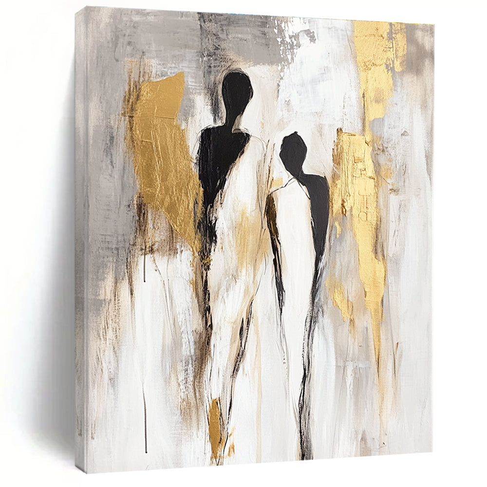 Large abstract painting in neutral tones with gold accents featuring soft gestural figures and delicate brush strokes on a light grey background.STSC440