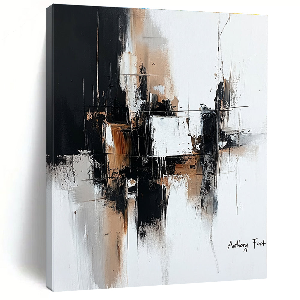 Large abstract painting with architectural lines in black and brown on white background by Anthony Foot featuring atmospheric brushstrokes and deconstructed minimalism.STSC1356