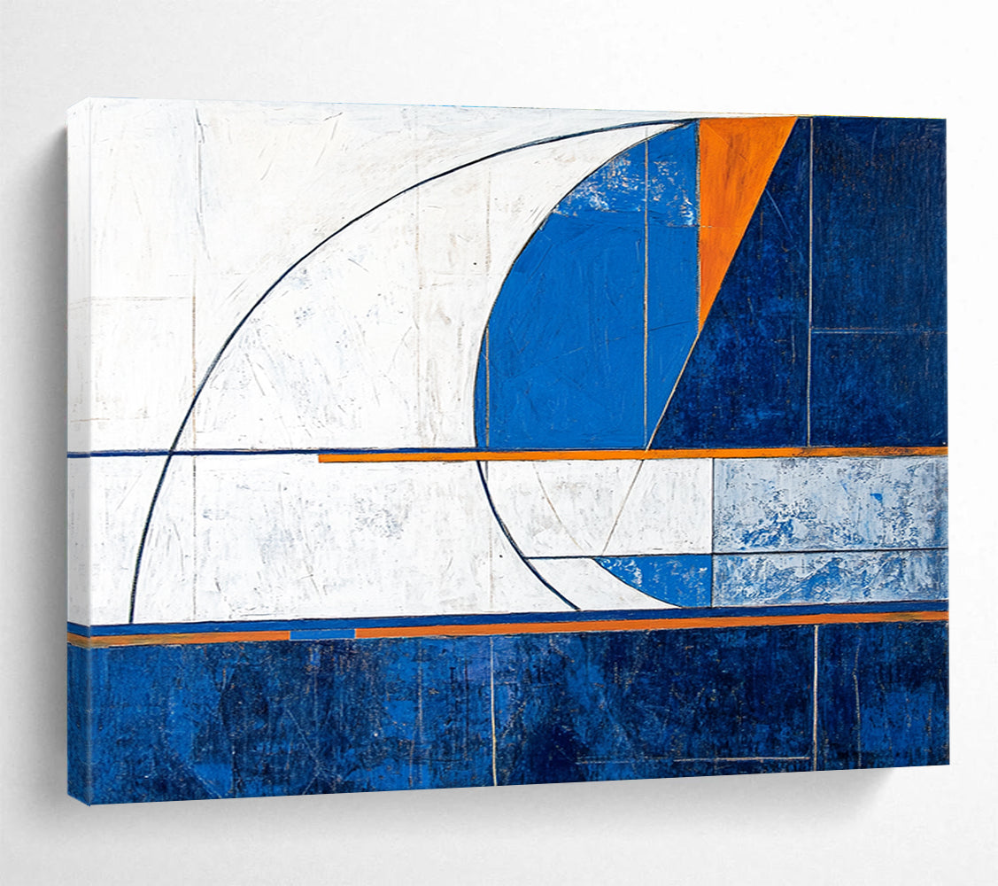 Large abstract painting featuring geometric shapes in blue and white with a modern minimalistic design and dynamic compositions.SC029