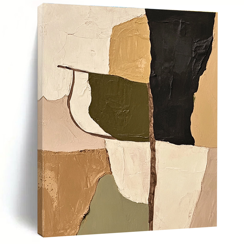 Large abstract painting featuring olive green beige and black shapes with thick impasto strokes that adds depth and texture to any space.STSC696