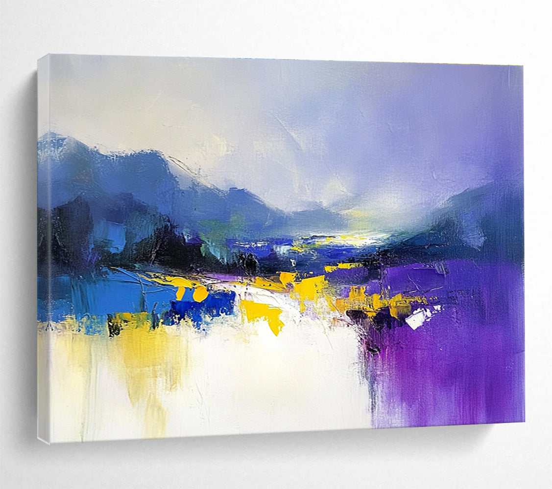 Large abstract painting featuring soft purple and blue hues with yellow accents created using loose brush strokes for a calming effect.SC317
