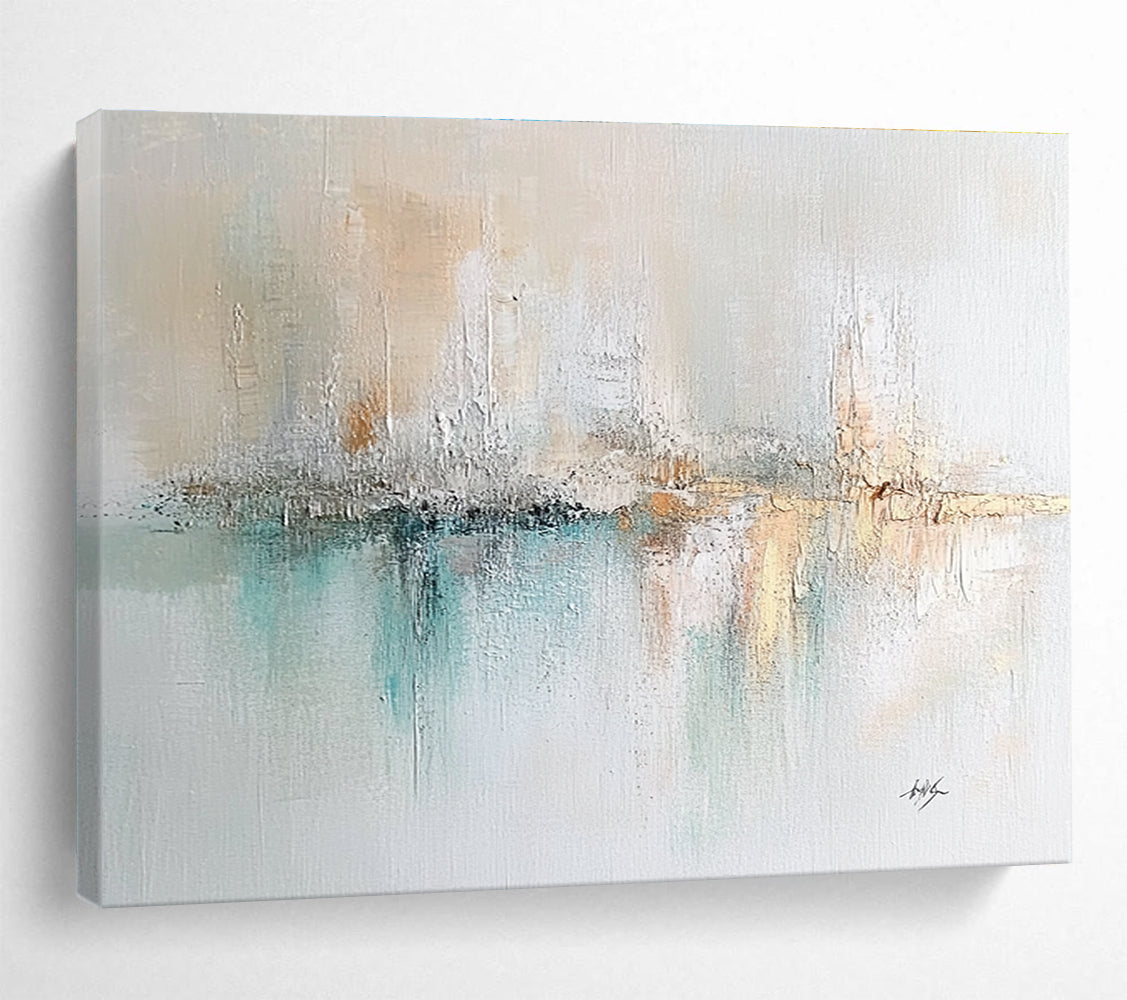 Large abstract painting on textured canvas featuring soft pastels cream mint green muted blue and hints of gold with impressionist brushwork.SC208