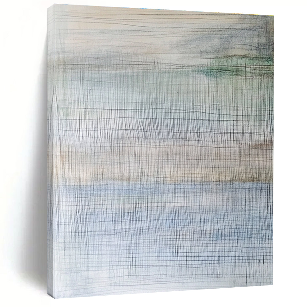 Abstract painting inspired by an ice shelf featuring thin horizontal lines in soft muted watercolor hues.STSC708