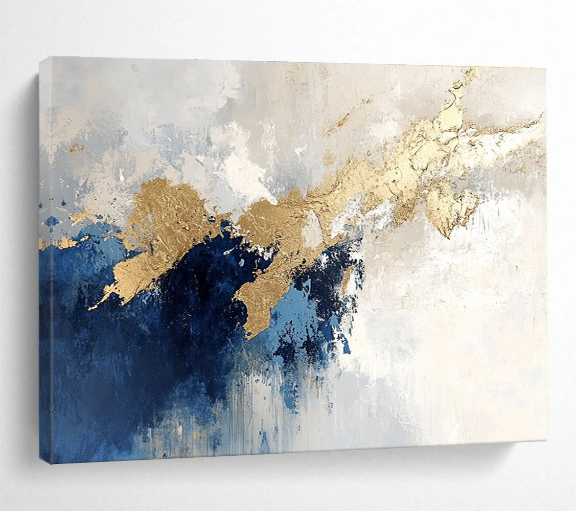 Blue and Gold Dripping Abstract Painting with Textured Layers DYP184