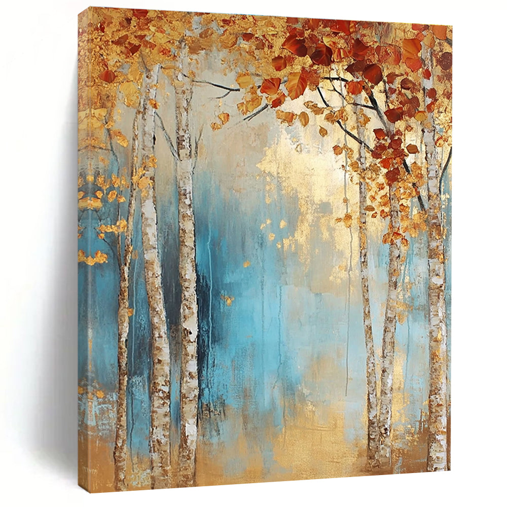 Large abstract painting of birch trees in autumn leaves with light blue and gold tones on a textured canvas.STSC301