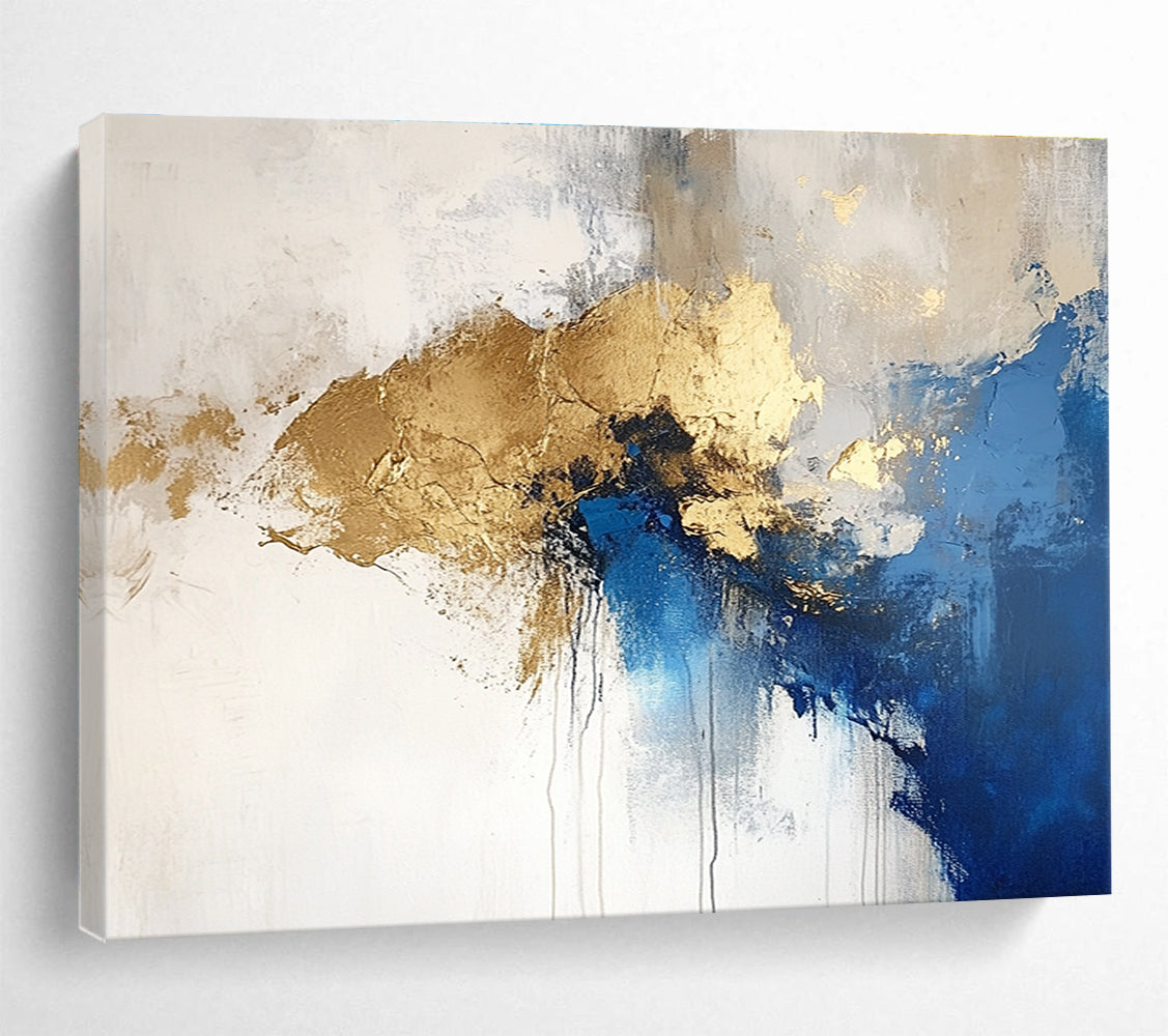 Blue Gold and White Abstract Painting with Fluid Shapes DYP183