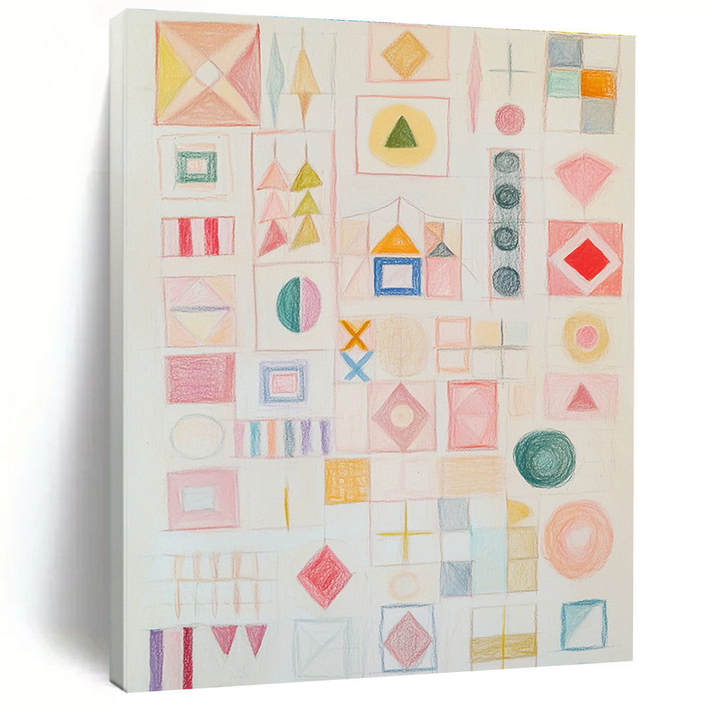 A large abstract artwork featuring soft pastel shapes and symbols in light pink with a calm atmosphere and inviting texture.STSC1206