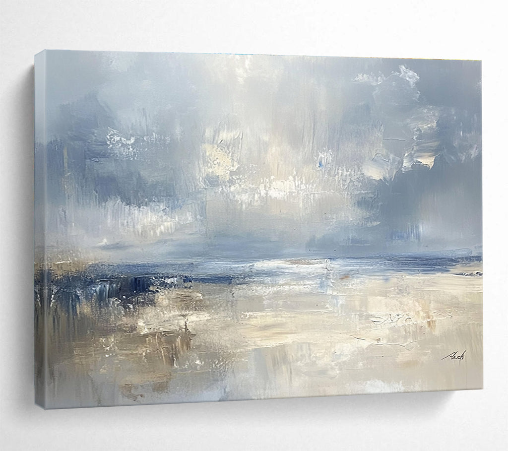 Large abstract seascape in cool blues and grays with warm beige accents capturing serene coastal beauty and a misty horizon.SC278