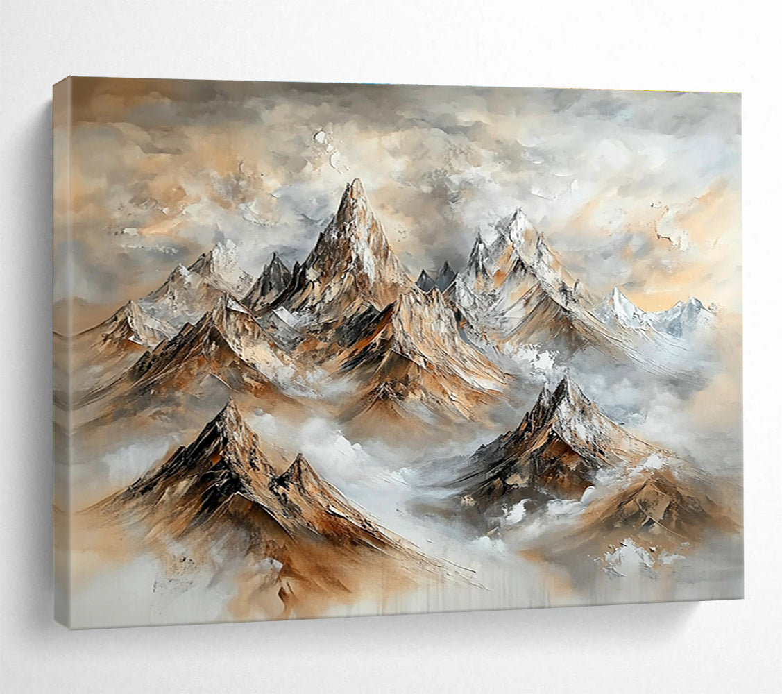 A large abstract painting featuring majestic mountains in brown and gray with swirling clouds and snow-capped peaks, creating a stunning impressionistic effect.SC486