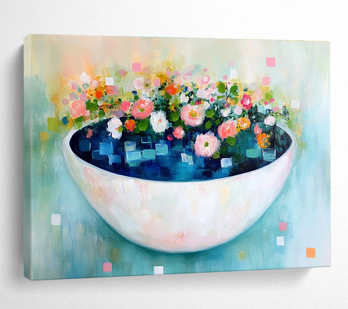 A large abstract painting featuring a bowl of blue water with flowers and leaves, adorned with pastel colors and delicate brush strokes for a whimsical touch.SC343