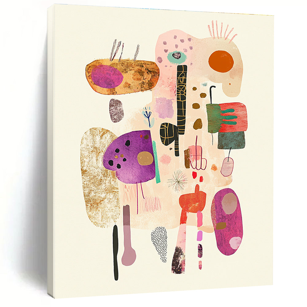 Large abstract illustration featuring soft pastel colors and simple line drawings with whimsical hand-drawn elements on a textured white background.STSC1322
