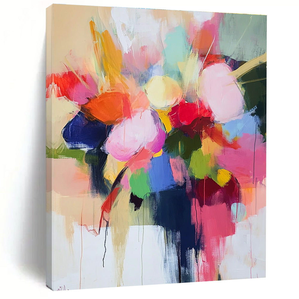 Large abstract painting with loose brush strokes in pastel colors featuring a vibrant floral vase and harmonious shapes conveying joy and optimism.STSC773